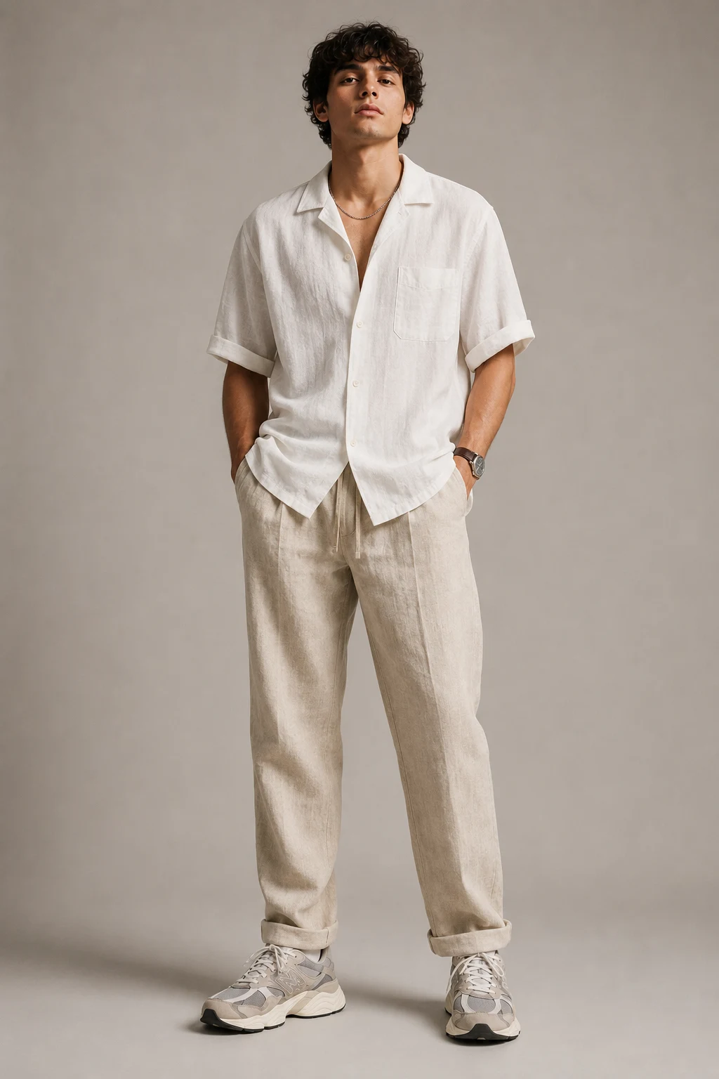 The Summer Linen Upgrade — new balance 9060 outfit men aesthetic style outfit, worn by a stylish man