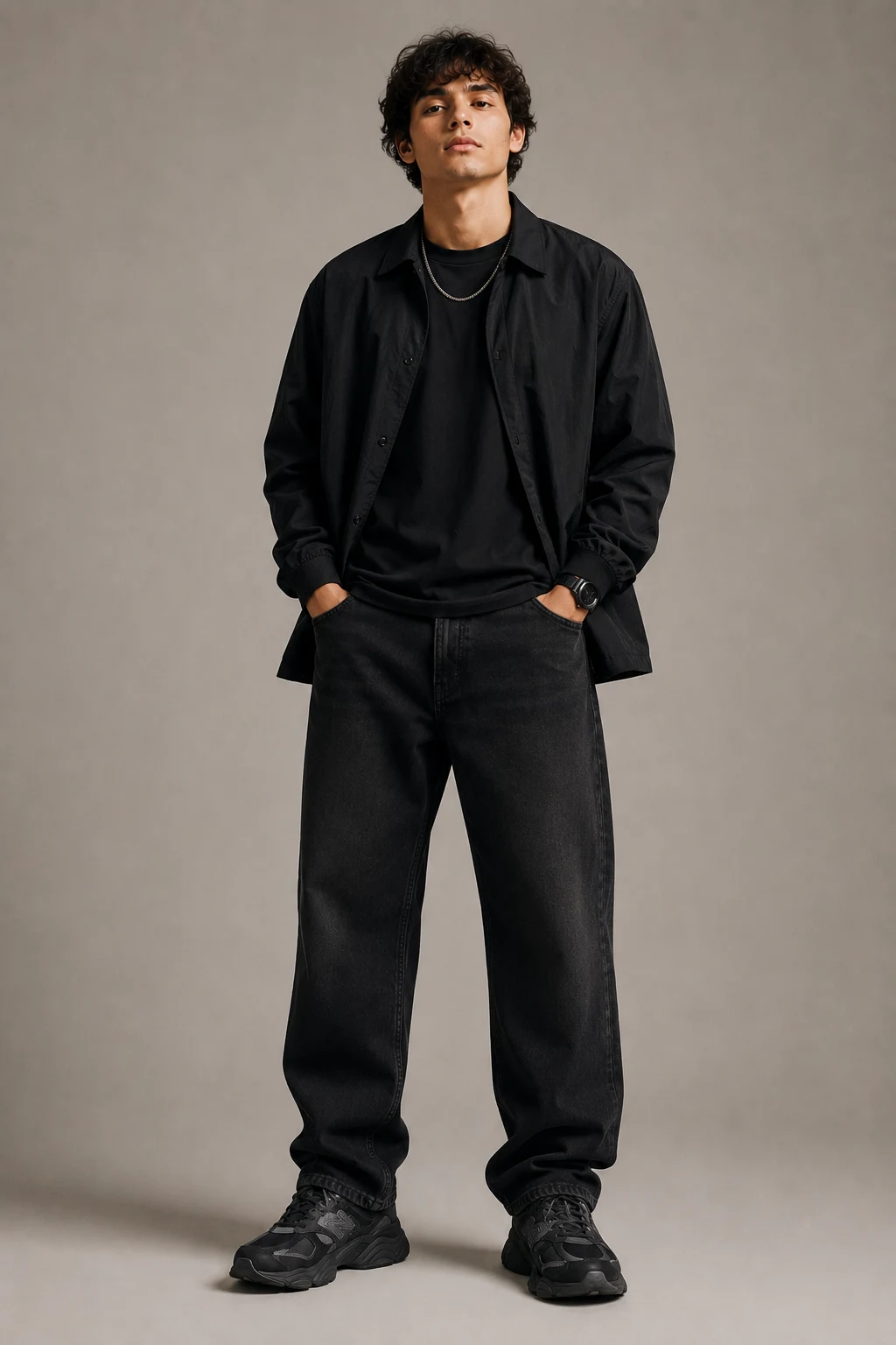 The Monochrome Black Flex — new balance 9060 outfit men aesthetic style outfit, worn by a stylish man