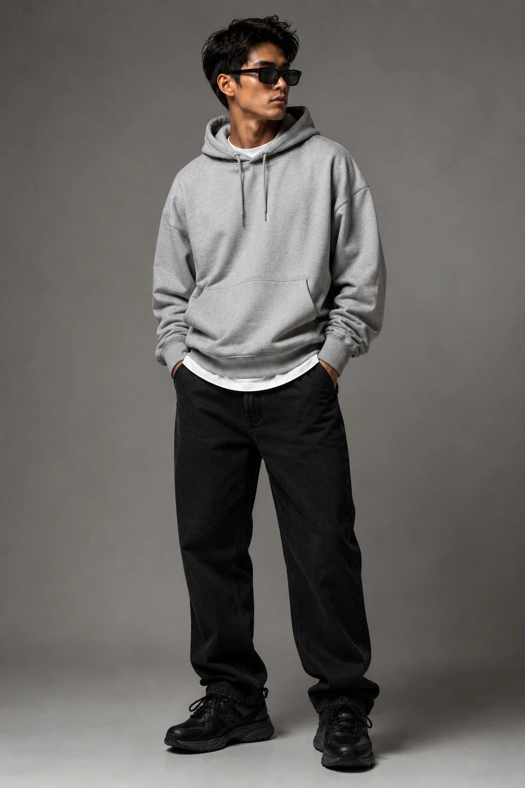 The Grey Hoodie Formula Everyone Copies — new balance 9060 outfit men black style outfit, worn by a stylish man