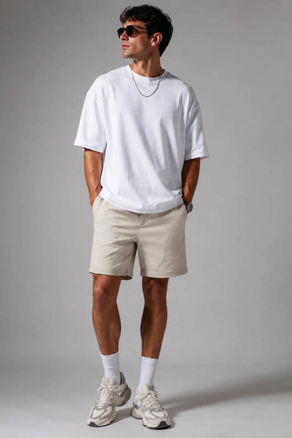 The Oversized White Tee and Stone Shorts Combo — new balance 9060 outfit men summer style outfit, worn by a stylish man