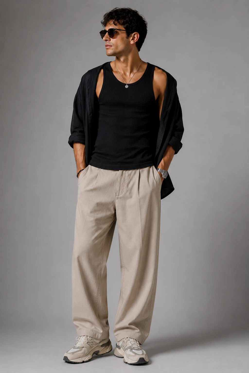 The Black Tank and Wide-Leg Pants Combo — new balance 9060 outfit men summer style outfit, worn by a stylish man