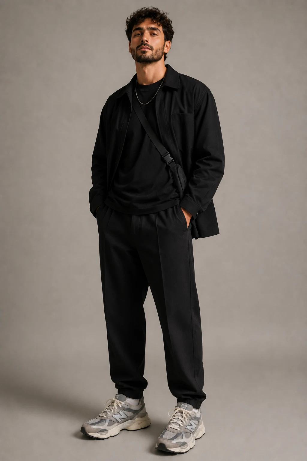 The Minimal Black Streetwear Formula — new balance shoes men 9060 style outfit, worn by a stylish man