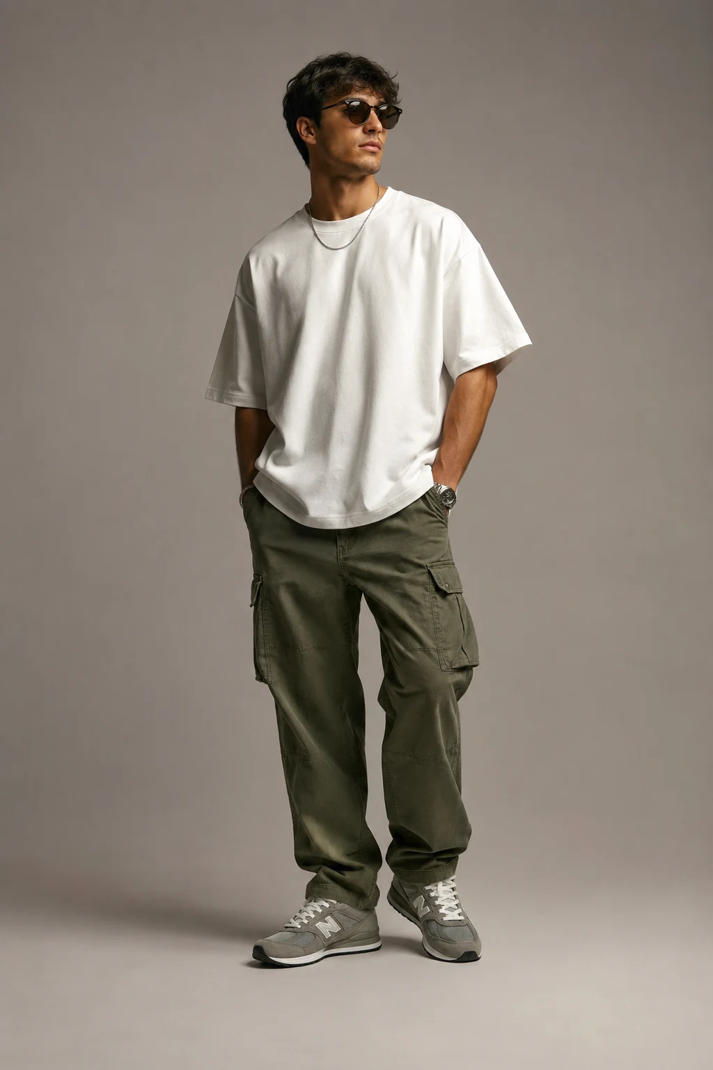 The Oversized Tee and Relaxed Cargo Combo — new balance shoes men aesthetic style outfit, worn by a stylish man