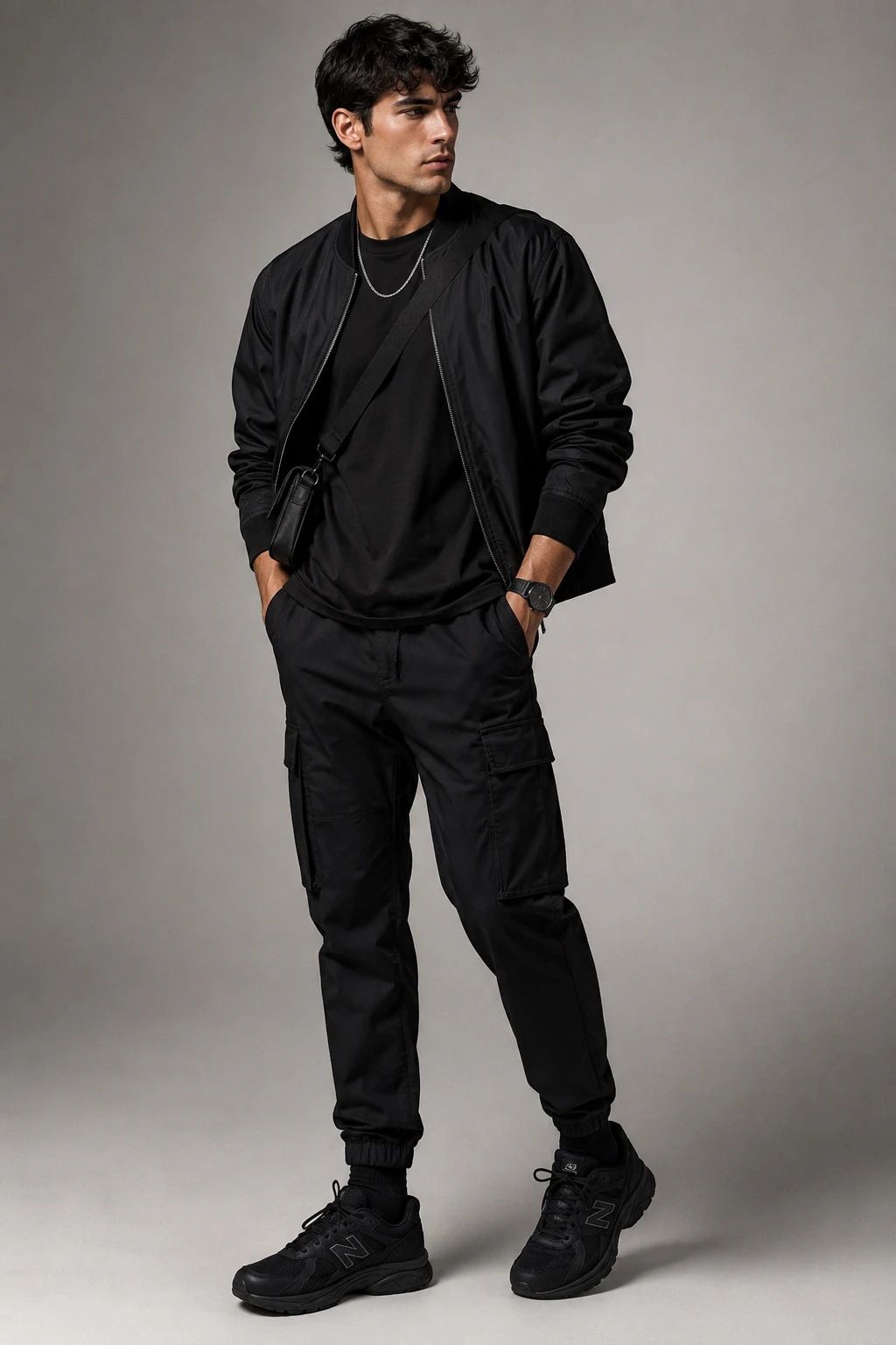 The Monochrome Street King — new balance shoes men black style outfit, worn by a stylish man