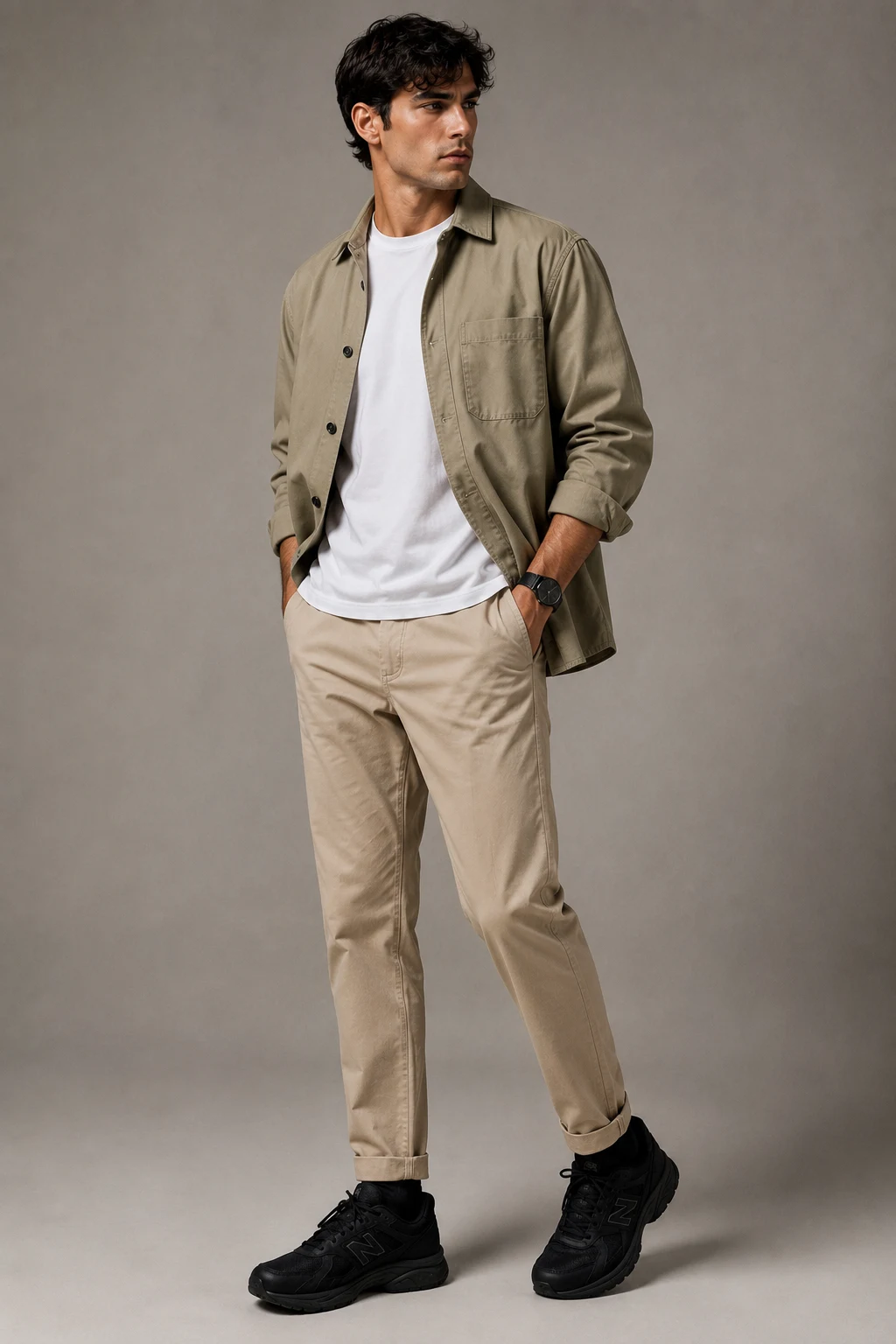 The Relaxed Beige Balance — new balance shoes men black style outfit, worn by a stylish man
