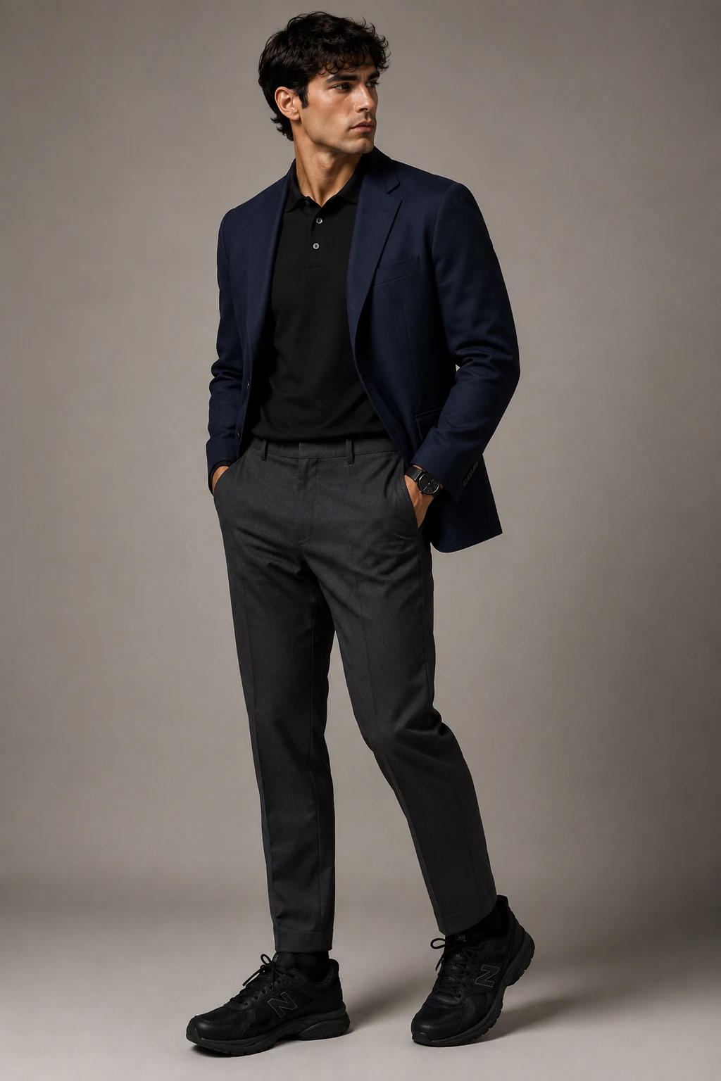 The Smart Casual Office Upgrade — new balance shoes men black style outfit, worn by a stylish man