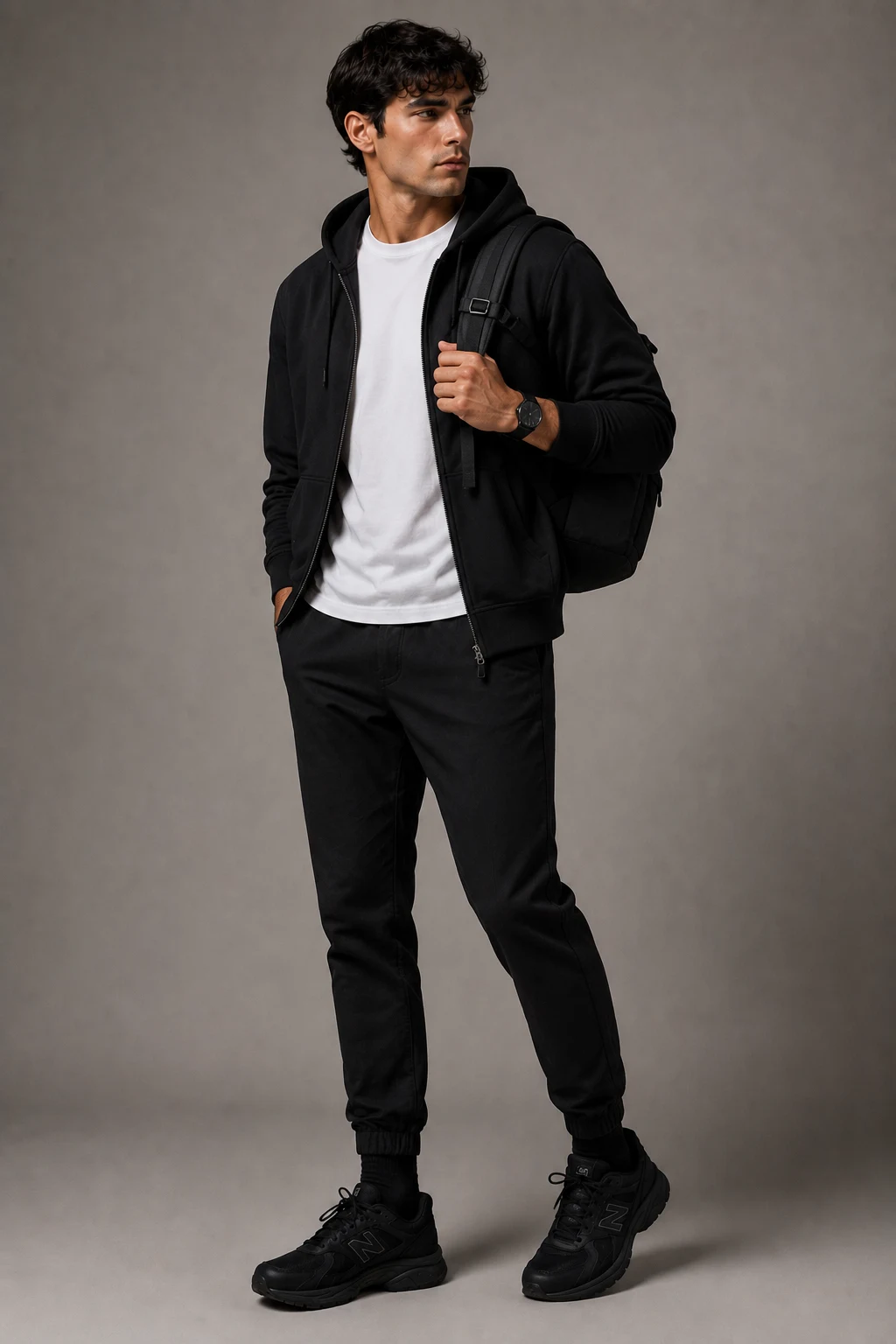 The Clean Travel Uniform — new balance shoes men black style outfit, worn by a stylish man