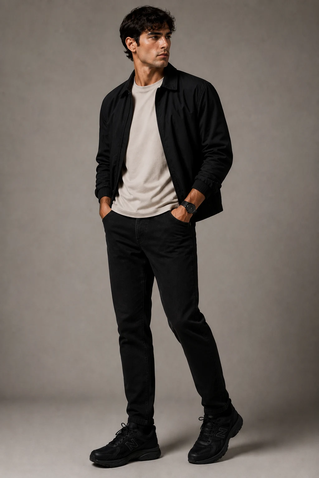 The Minimal Black Denim Combo — new balance shoes men black style outfit, worn by a stylish man