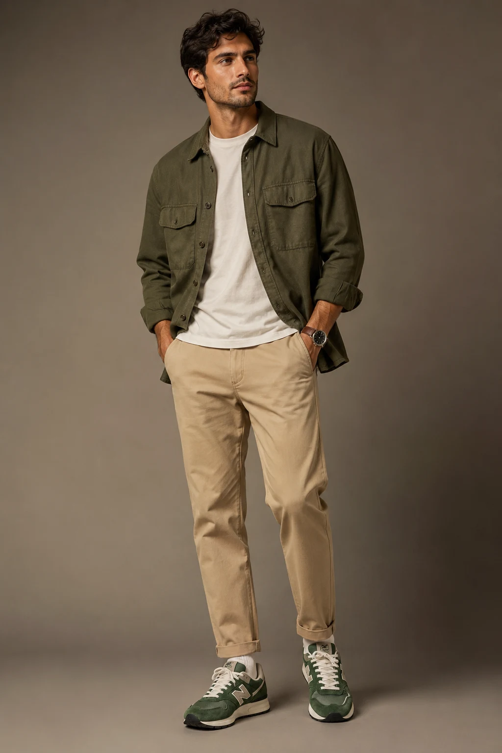 The Clean Earth-Tone Weekend Uniform — new balance shoes men green style outfit, worn by a stylish man