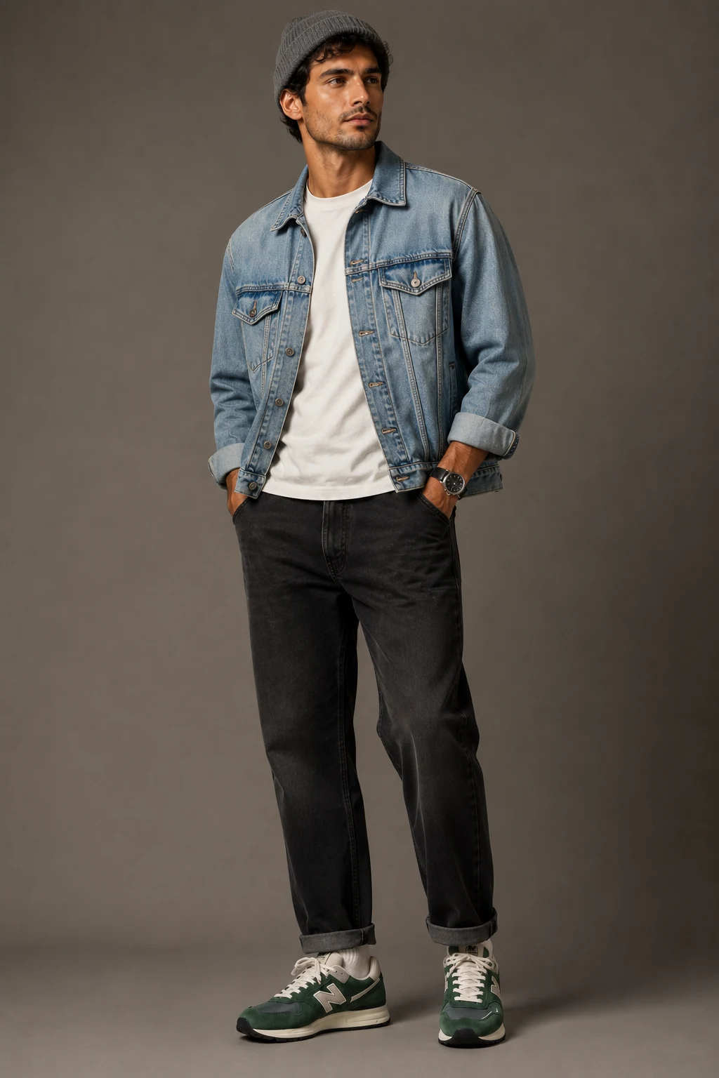 The Denim Jacket That Never Gets Old — new balance shoes men green style outfit, worn by a stylish man
