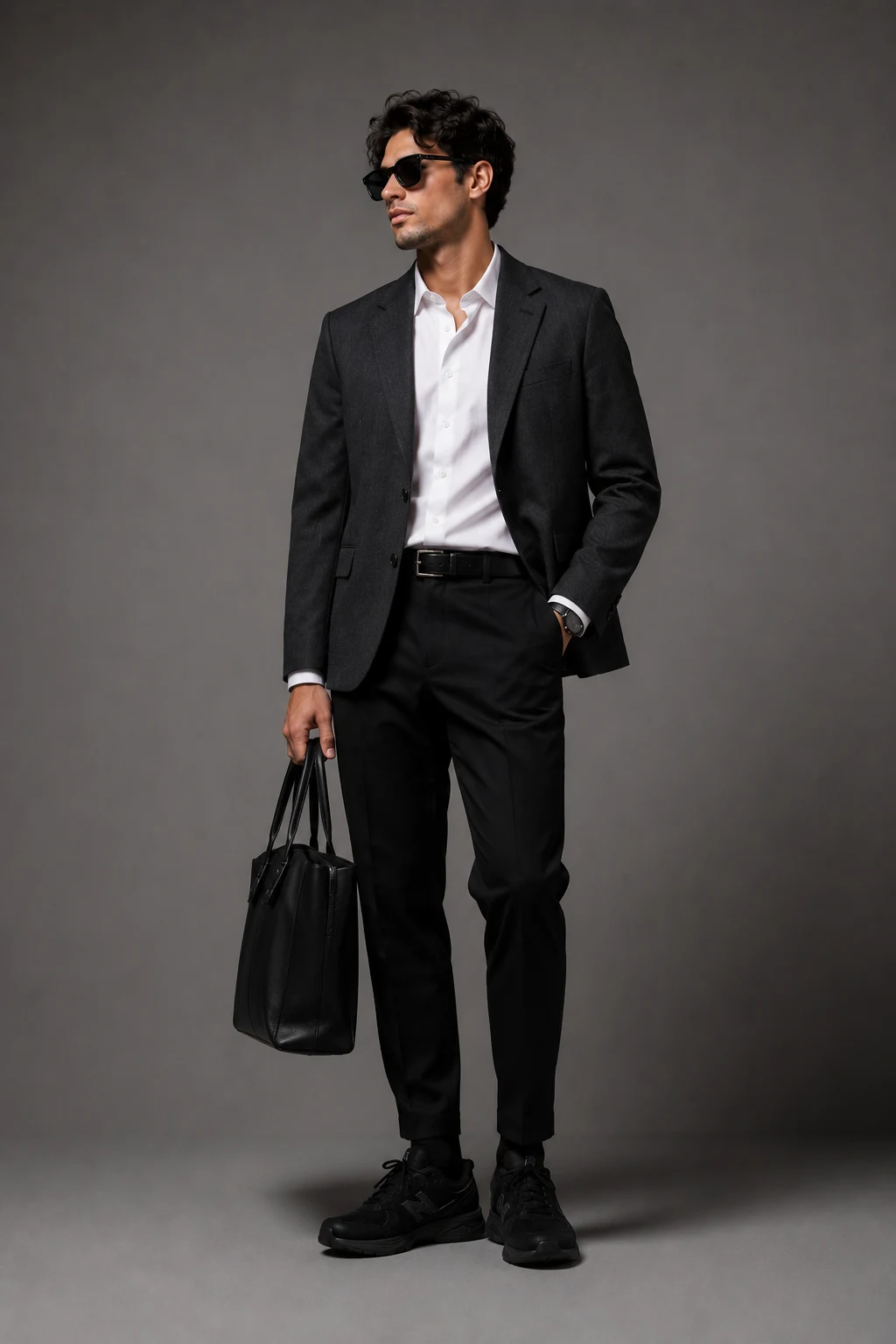 The Smart Casual Office Upgrade — new balance shoes men outfit black style outfit, worn by a stylish man