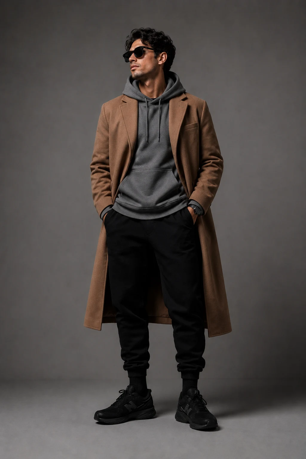 The Hoodie and Wool Coat Combo — new balance shoes men outfit black style outfit, worn by a stylish man
