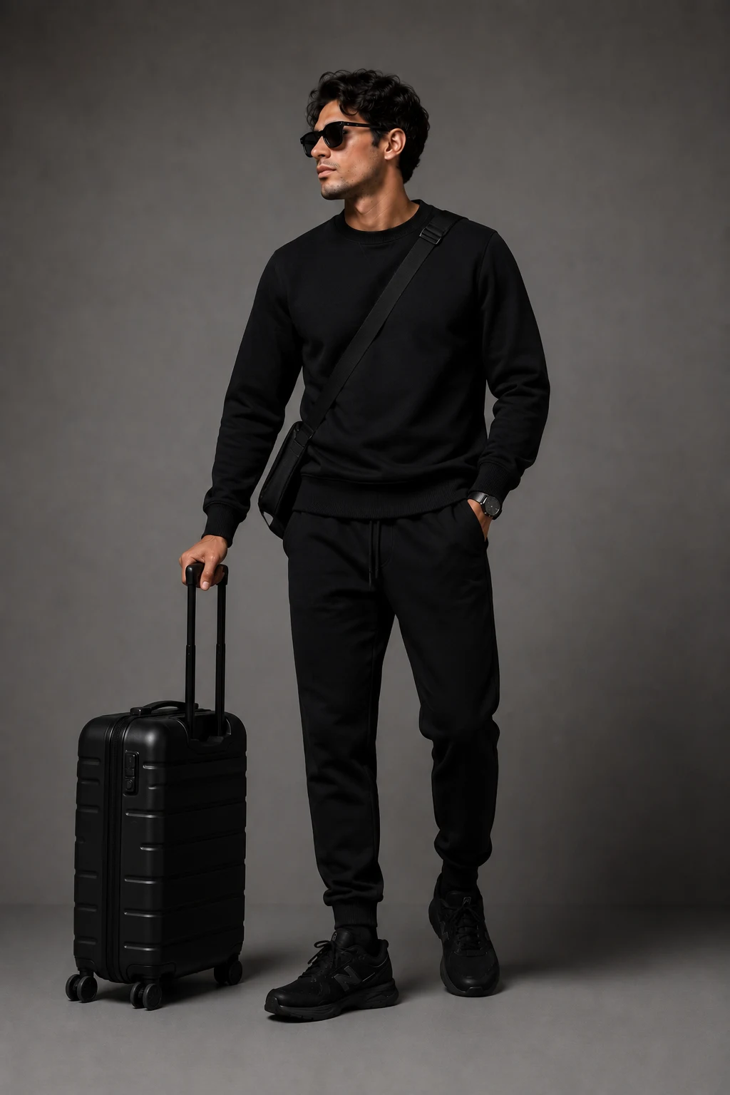 The Athletic Luxe Airport Fit — new balance shoes men outfit black style outfit, worn by a stylish man