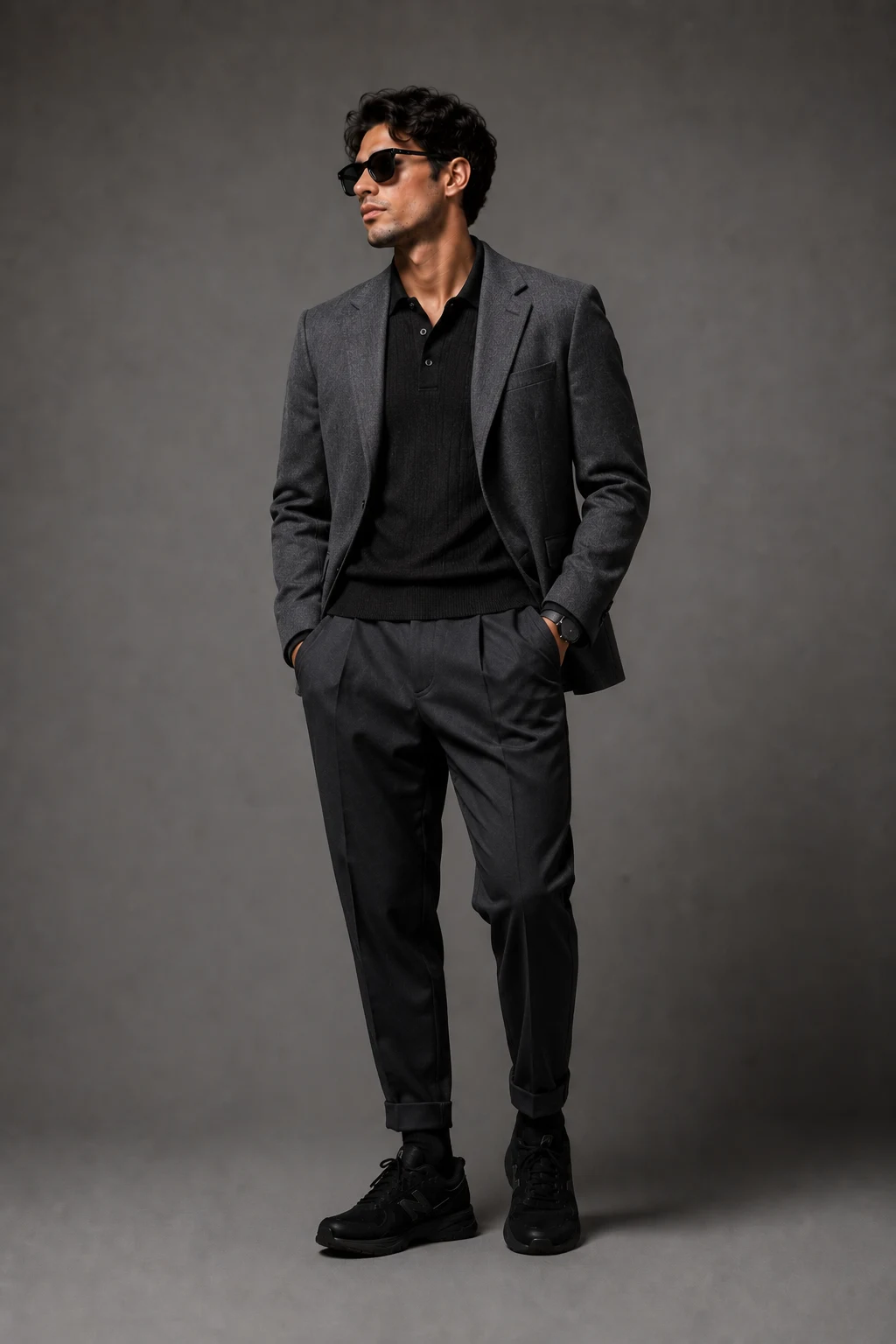 The Monochrome Blazer Flex — new balance shoes men outfit black style outfit, worn by a stylish man