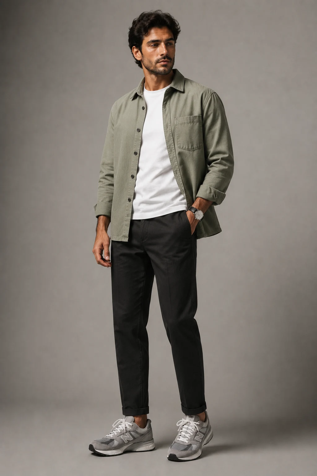 The Overshirt Coffee Run Combo — new balance shoes mens style outfit, worn by a stylish man