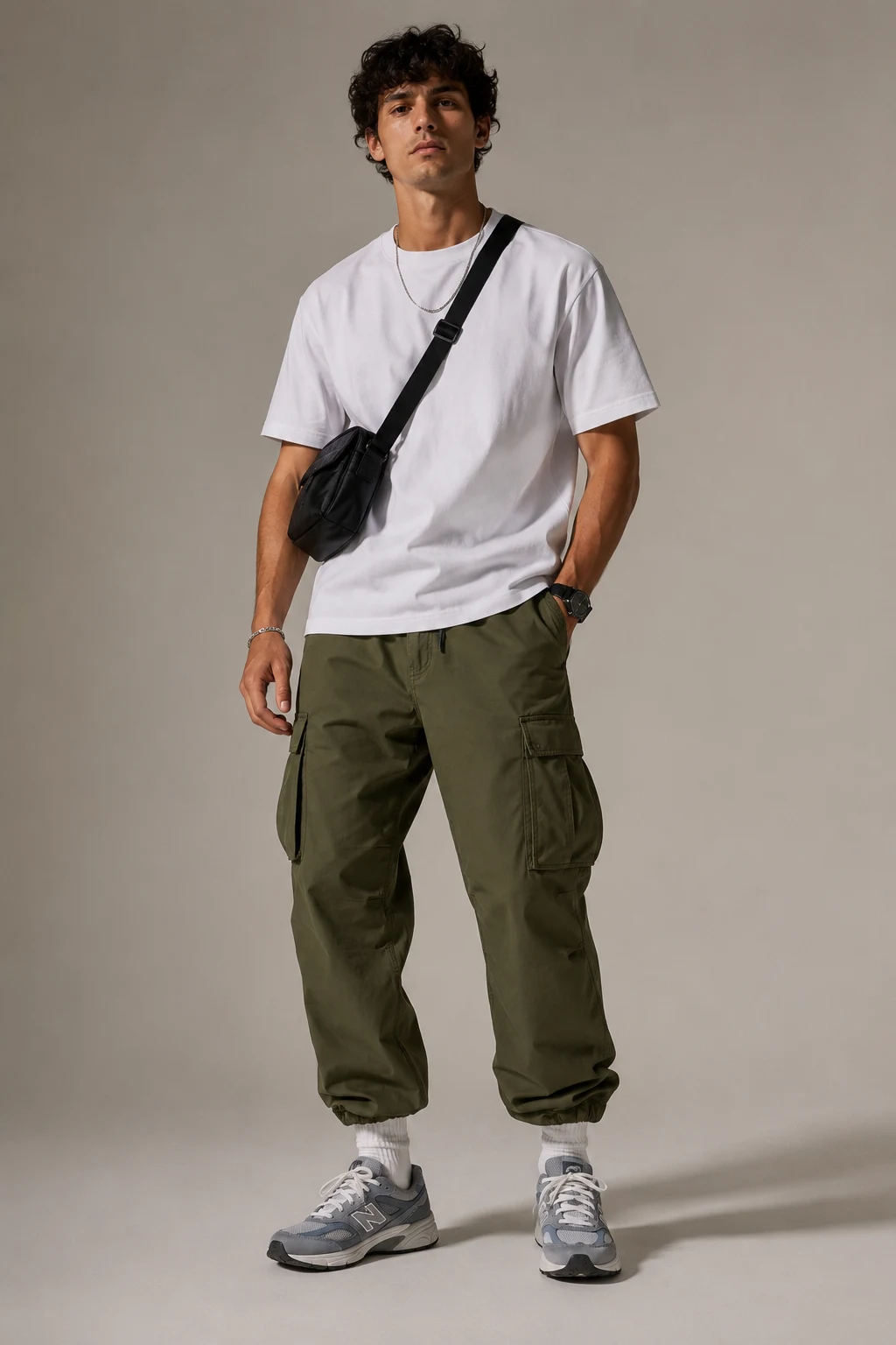 The Clean White Tee and Relaxed Cargo Combo — new balance shoes mens outfit aesthetic style outfit, worn by a stylish man