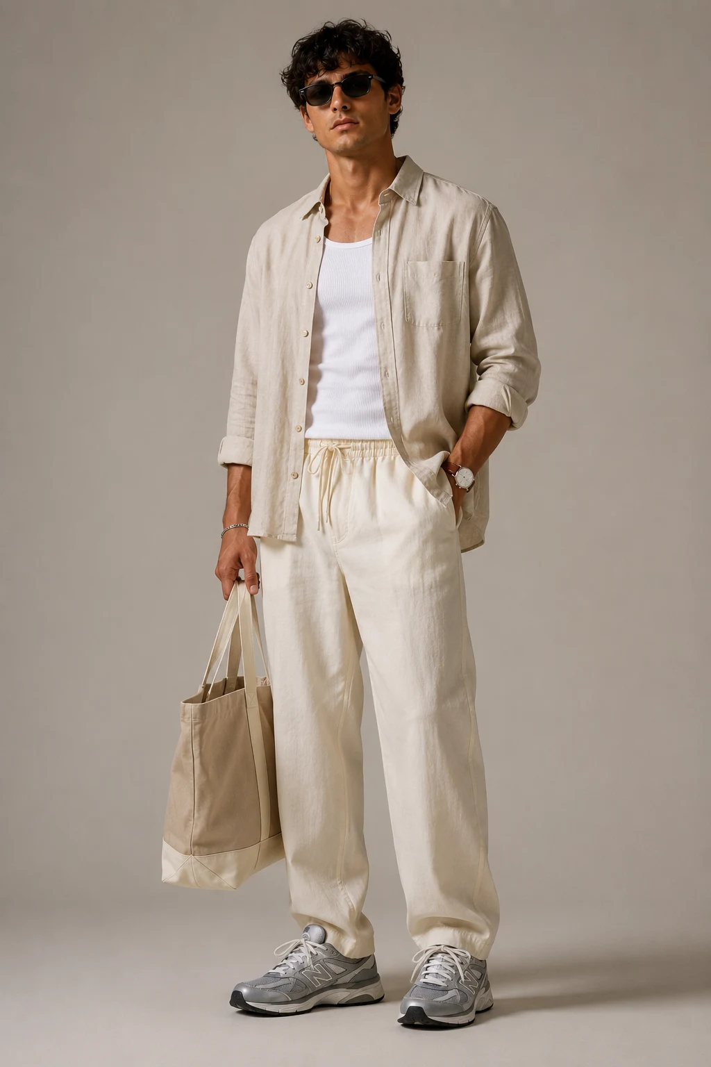 The Relaxed Linen Layers for Warm Weather — new balance shoes mens outfit aesthetic style outfit, worn by a stylish man