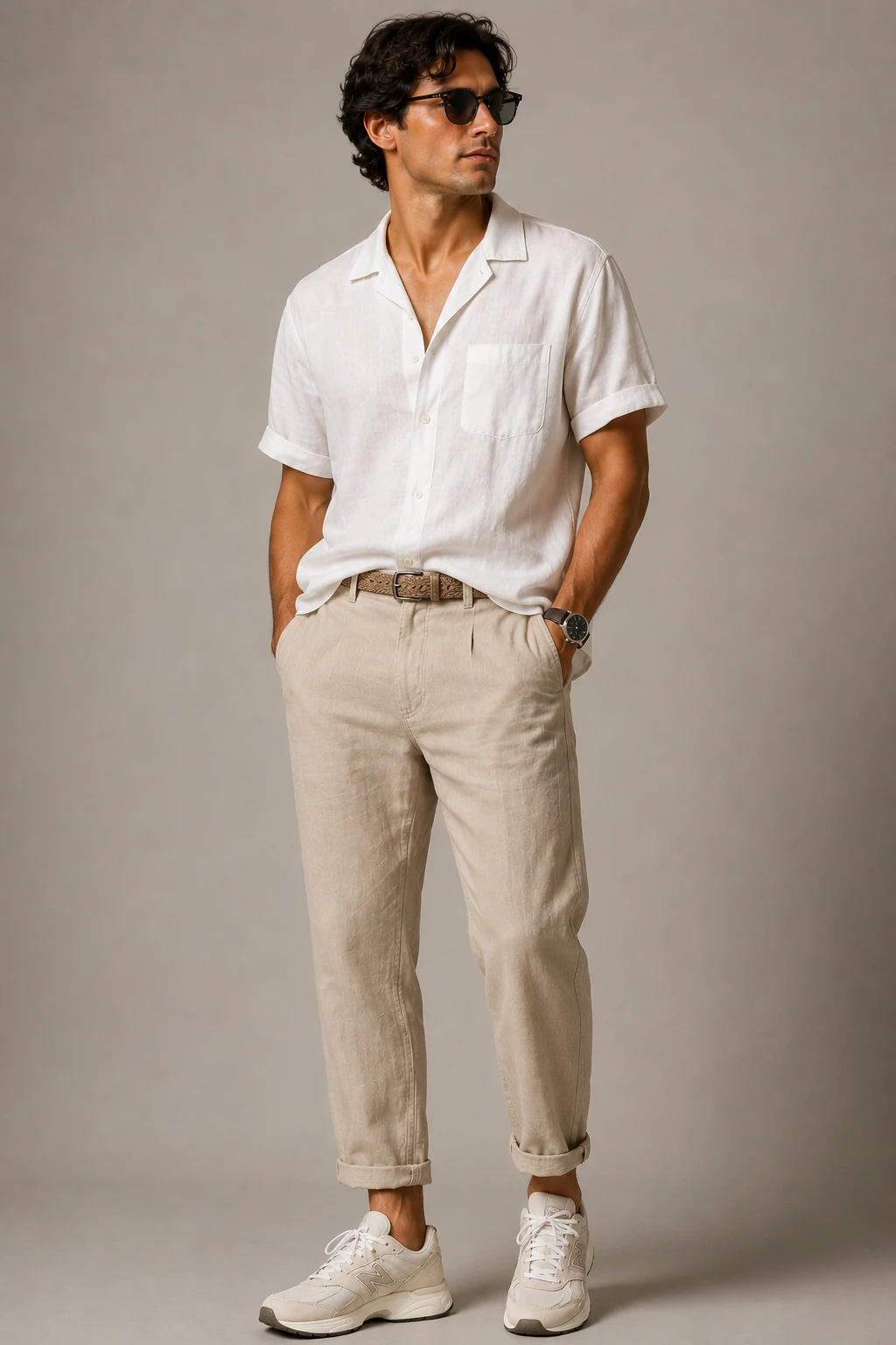 The Linen Summer Hero — new balance shoes mens outfit casual style outfit, worn by a stylish man