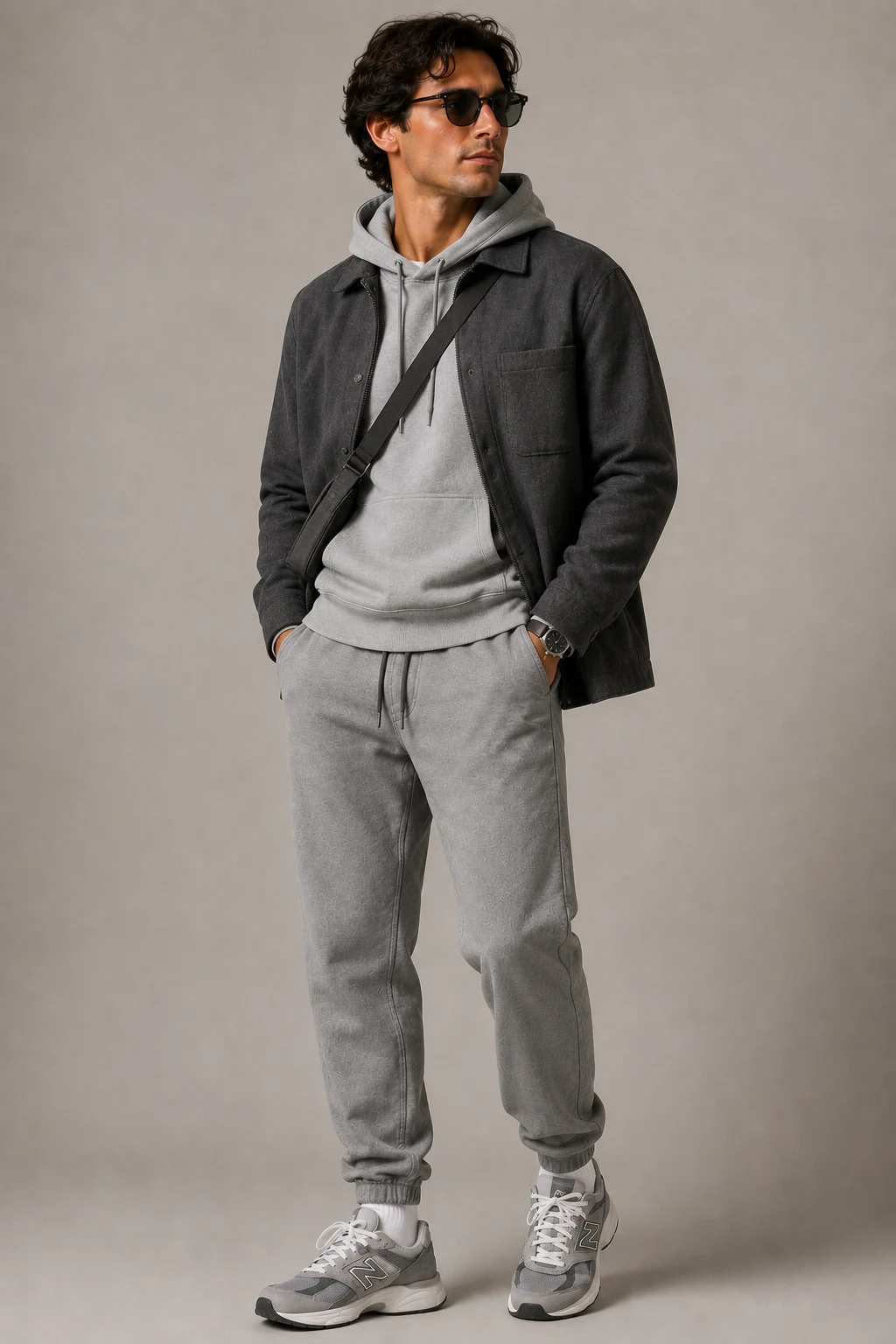 The Monochrome Grey Flex — new balance shoes mens outfit casual style outfit, worn by a stylish man