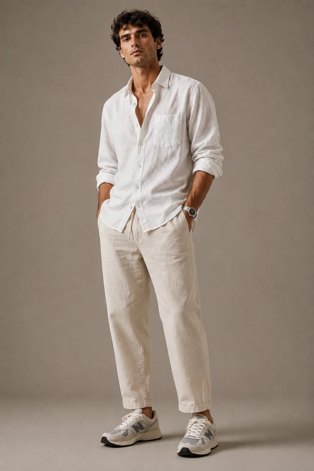The Linen Summer Outfit That Makes Hot Days Easy — new balance shoes mens outfit style outfit, worn by a stylish man