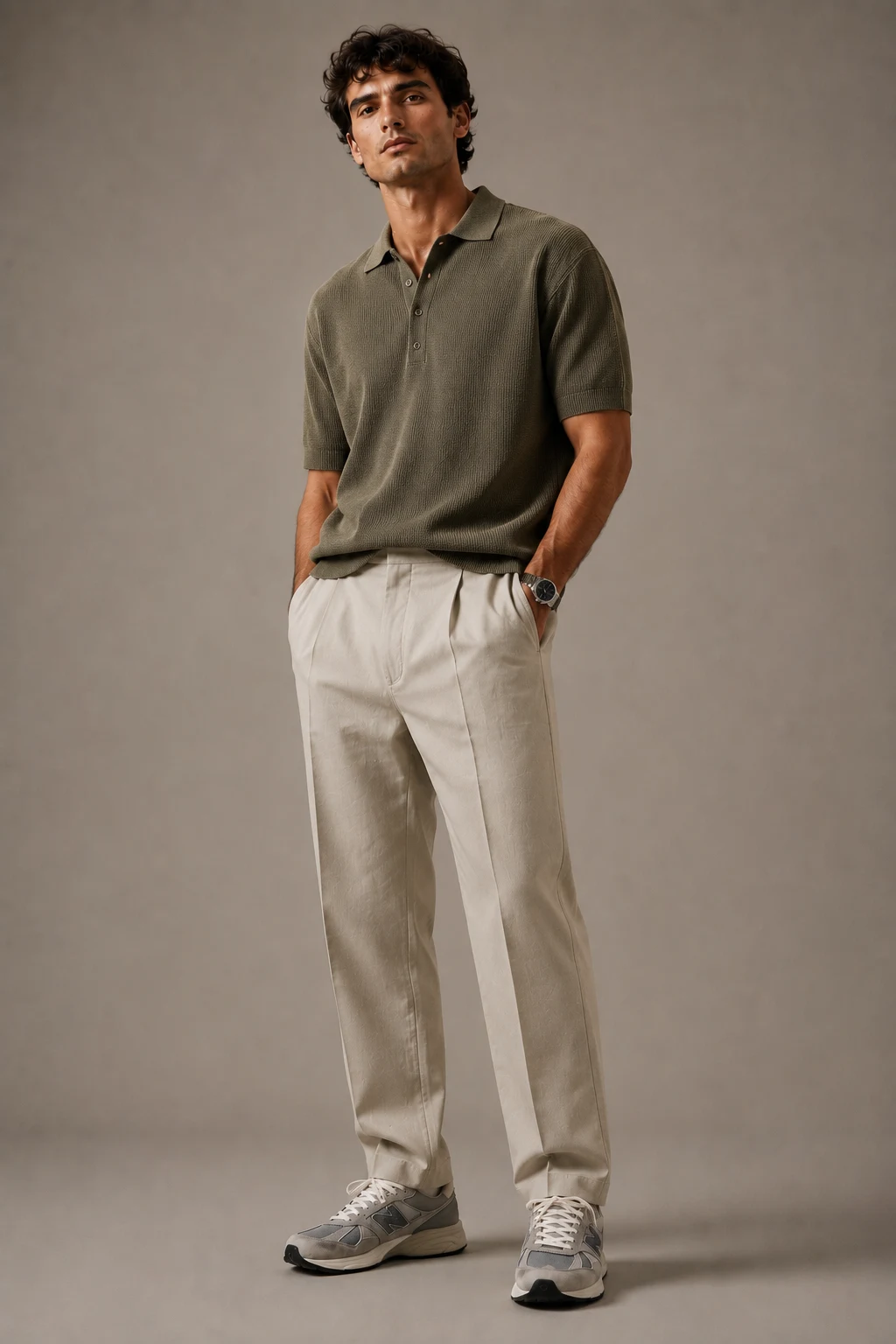 The Knit Polo Look That Quietly Wins Every Time — new balance shoes mens outfit style outfit, worn by a stylish man