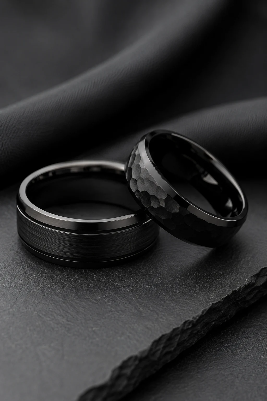 Black Wedding Bands with Modern Edge — non traditional wedding rings style outfit