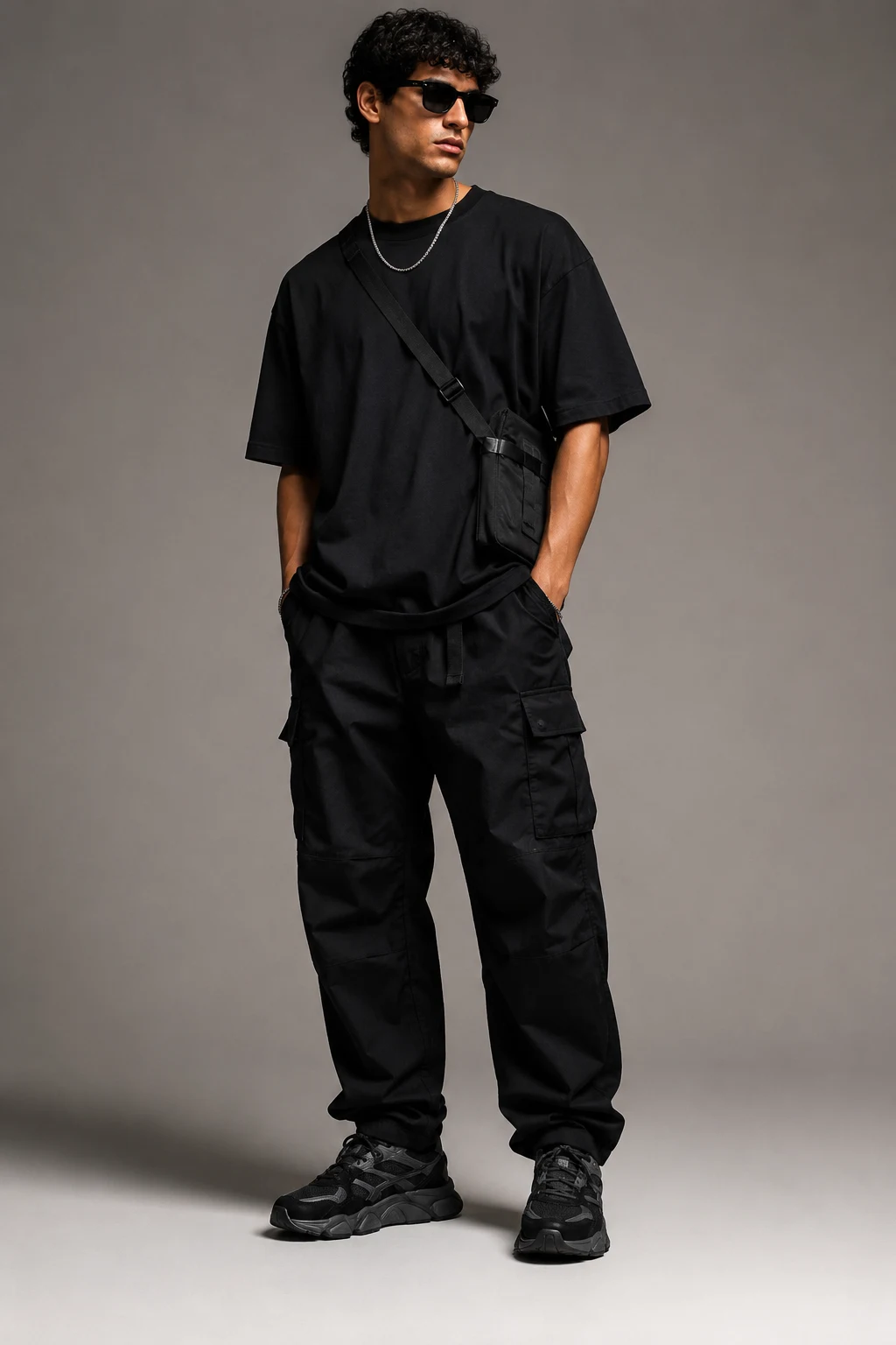 The Monochrome Street King — outfits new balance 9060 black men style outfit, worn by a stylish man