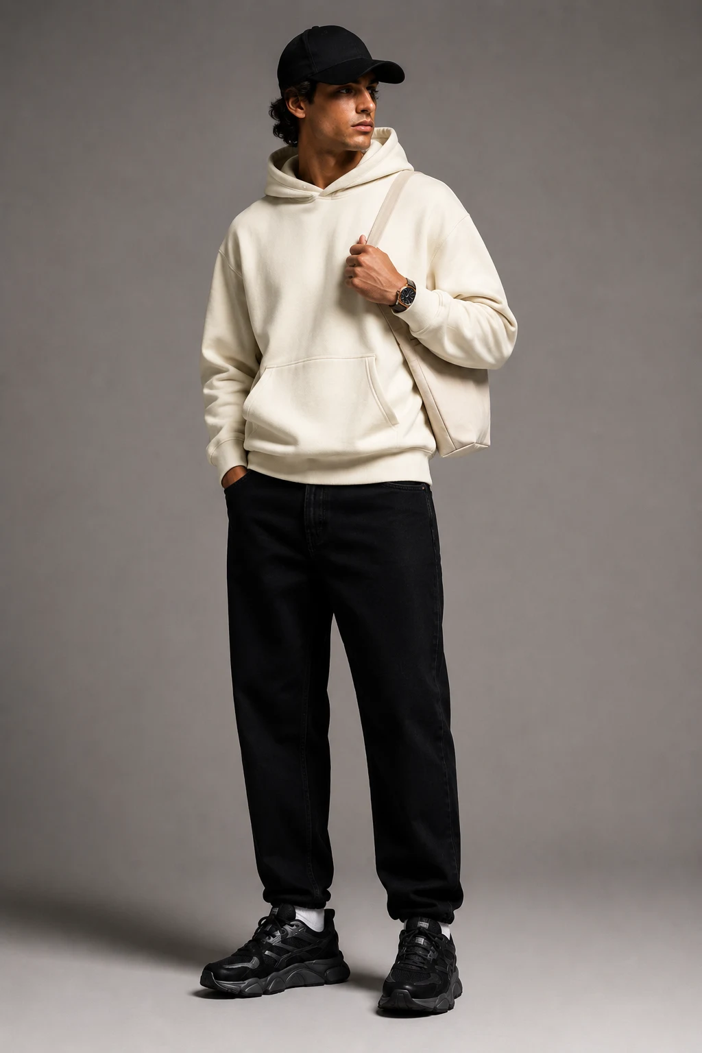 The Cream Hoodie Contrast — outfits new balance 9060 black men style outfit, worn by a stylish man