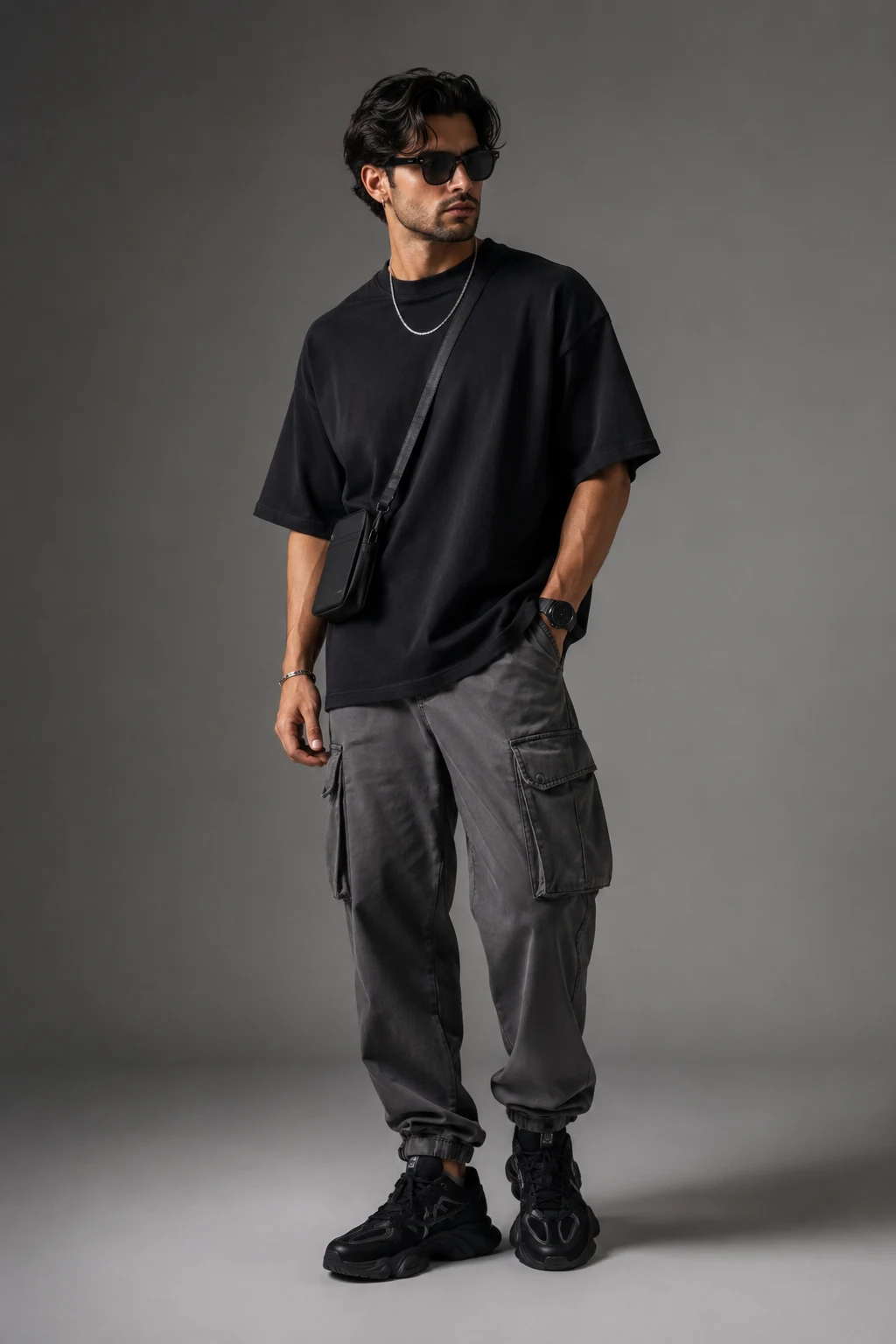 The Oversized Black Tee That Never Misses — outfits with 9060 new balance black men style outfit, worn by a stylish man