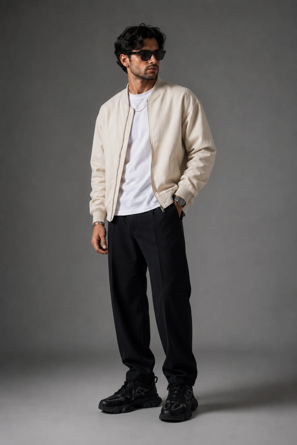 The Cream Jacket Contrast That Pops — outfits with 9060 new balance black men style outfit, worn by a stylish man