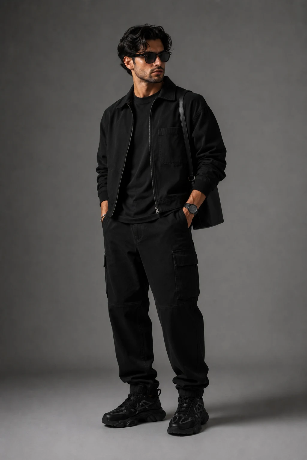 The Monochrome Streetwear Uniform — outfits with 9060 new balance black men style outfit, worn by a stylish man