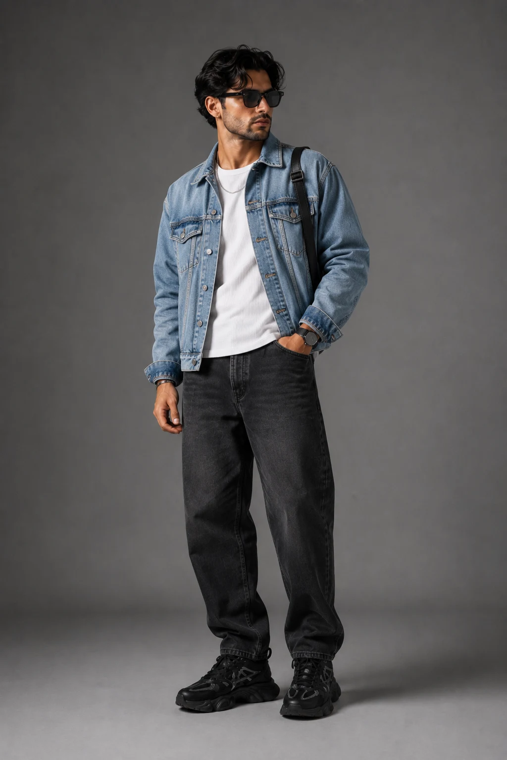The Weekend Denim Upgrade — outfits with 9060 new balance black men style outfit, worn by a stylish man