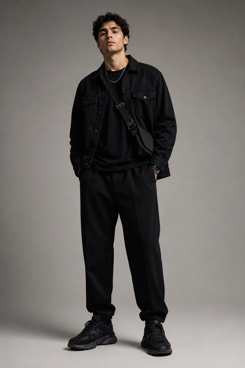 The Relaxed Black Monochrome Fit — outfits with new balance 9060 for men style outfit, worn by a stylish man
