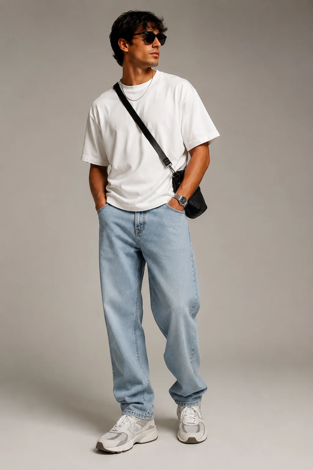 The Clean White Tee and Relaxed Denim Combo — outfits with new balance 9060 men’s style outfit, worn by a stylish man