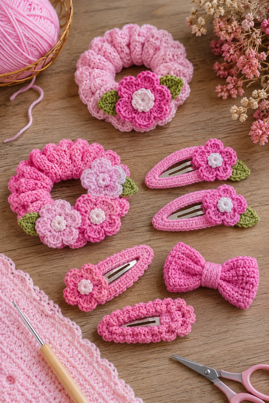 Candy Pink Hair Accessories Set — pink crochet ideas style outfit