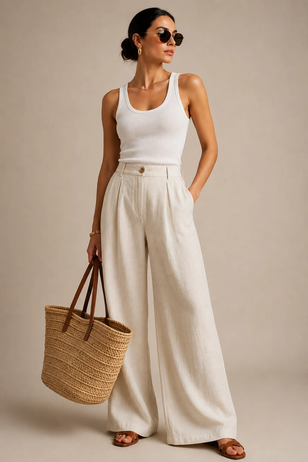 The White Tank and Wide-Leg Pants Combo — summer beach bag aesthetic style outfit