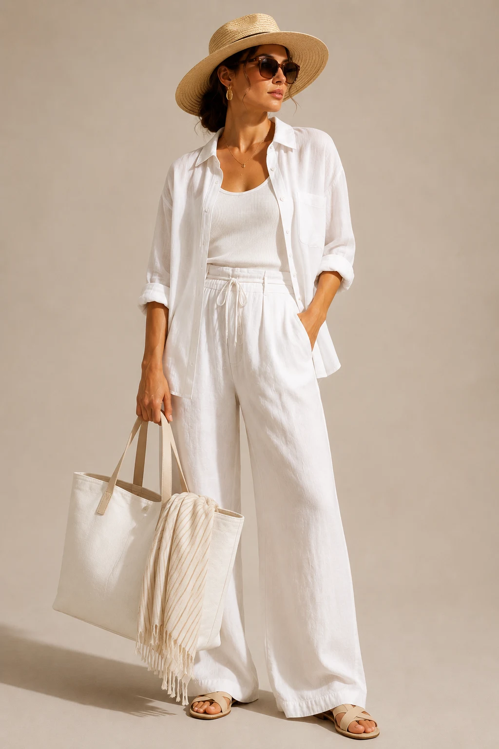 The Minimalist White Linen Beach Set — summer beach bag gift style outfit