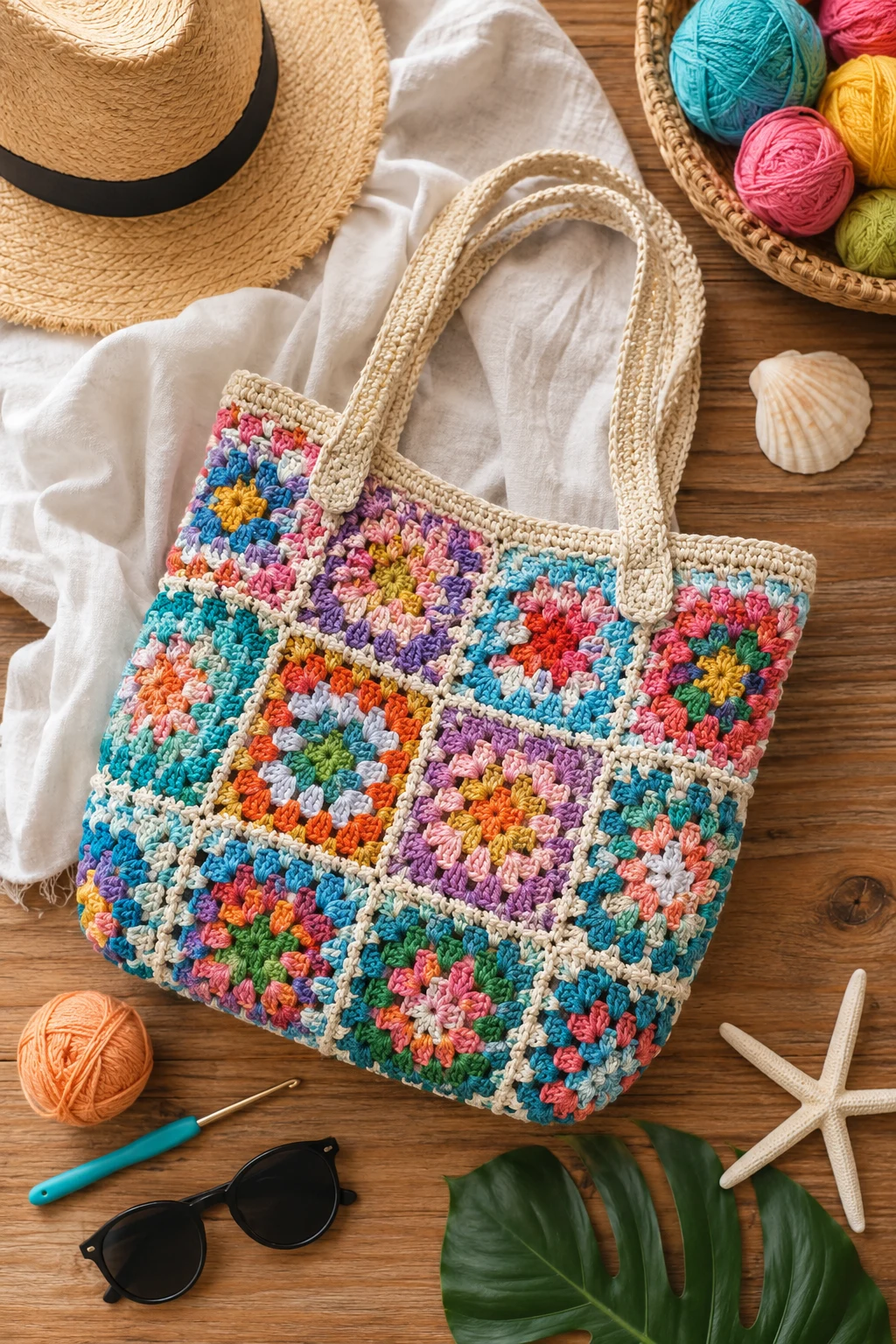 Color-Packed Granny Square Beach Tote — summer crochet ideas style outfit