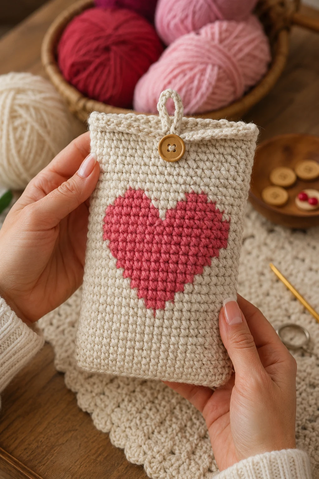 hands holding up the finished, completed tapestry crochet patterns up close, right after this final 