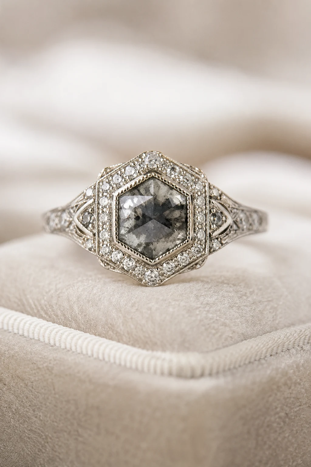 Salt-and-Pepper Diamond Stardust — vintage engagement rings unique 1920s style outfit