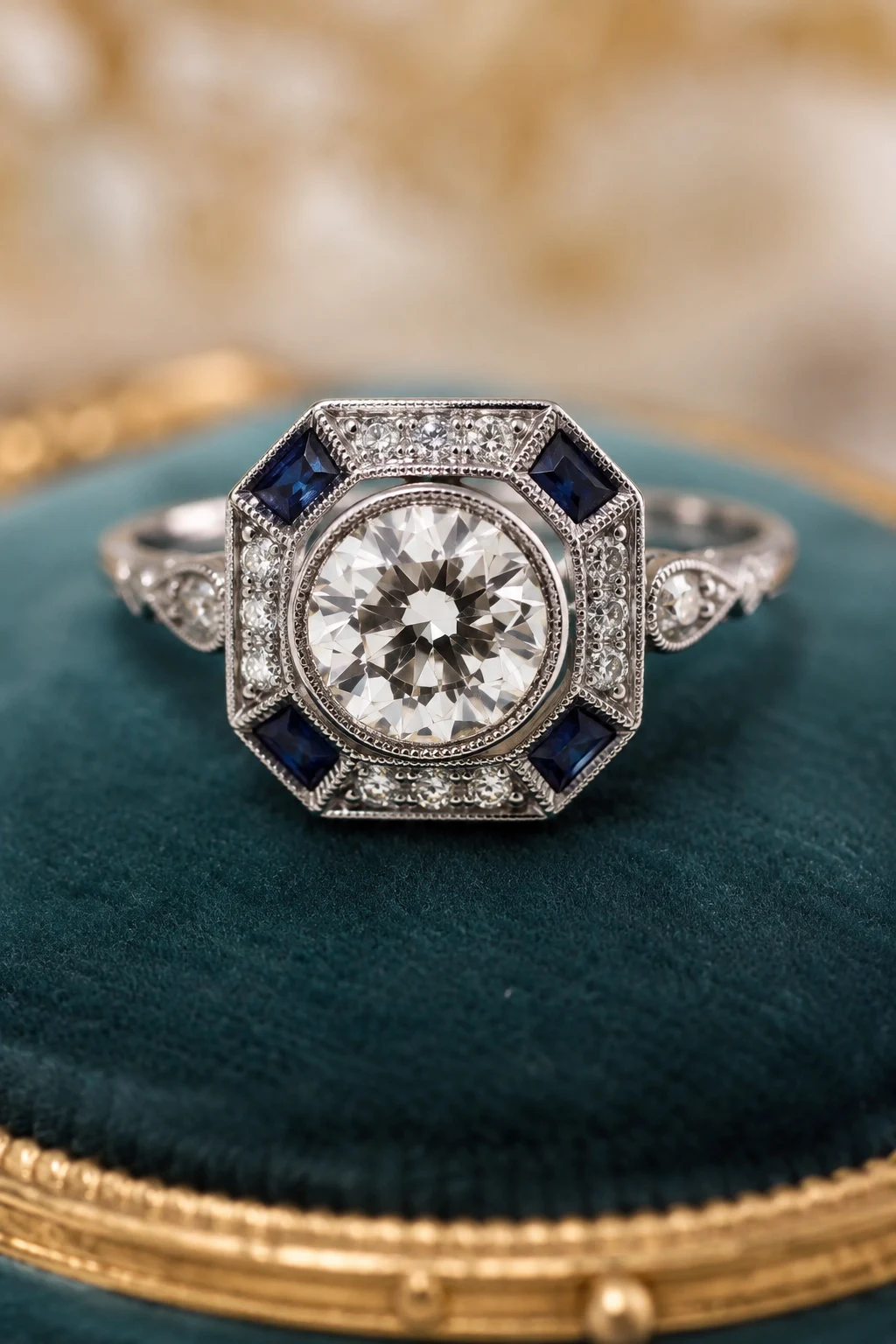 Geometric Halo Perfection — vintage engagement rings unique 1920s style outfit