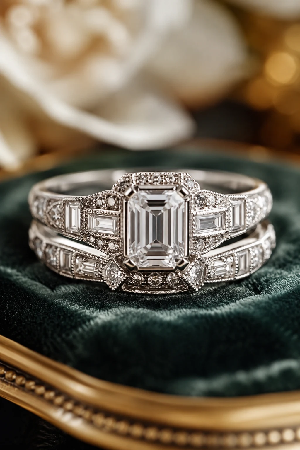Vintage Wedding Rings 1920s with Emerald-Cut Diamonds — vintage wedding rings 1920s style outfit