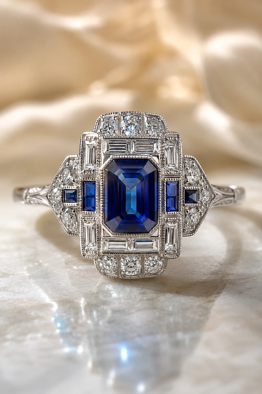 Sapphire and Diamond Art Deco Beauty — vintage wedding rings 1920s style outfit