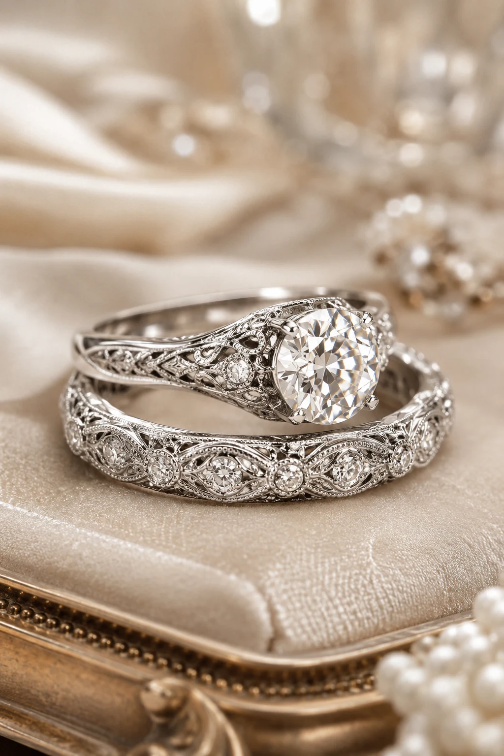 Vintage Wedding Rings 1920s Featuring Intricate Filigree — vintage wedding rings 1920s style outfit