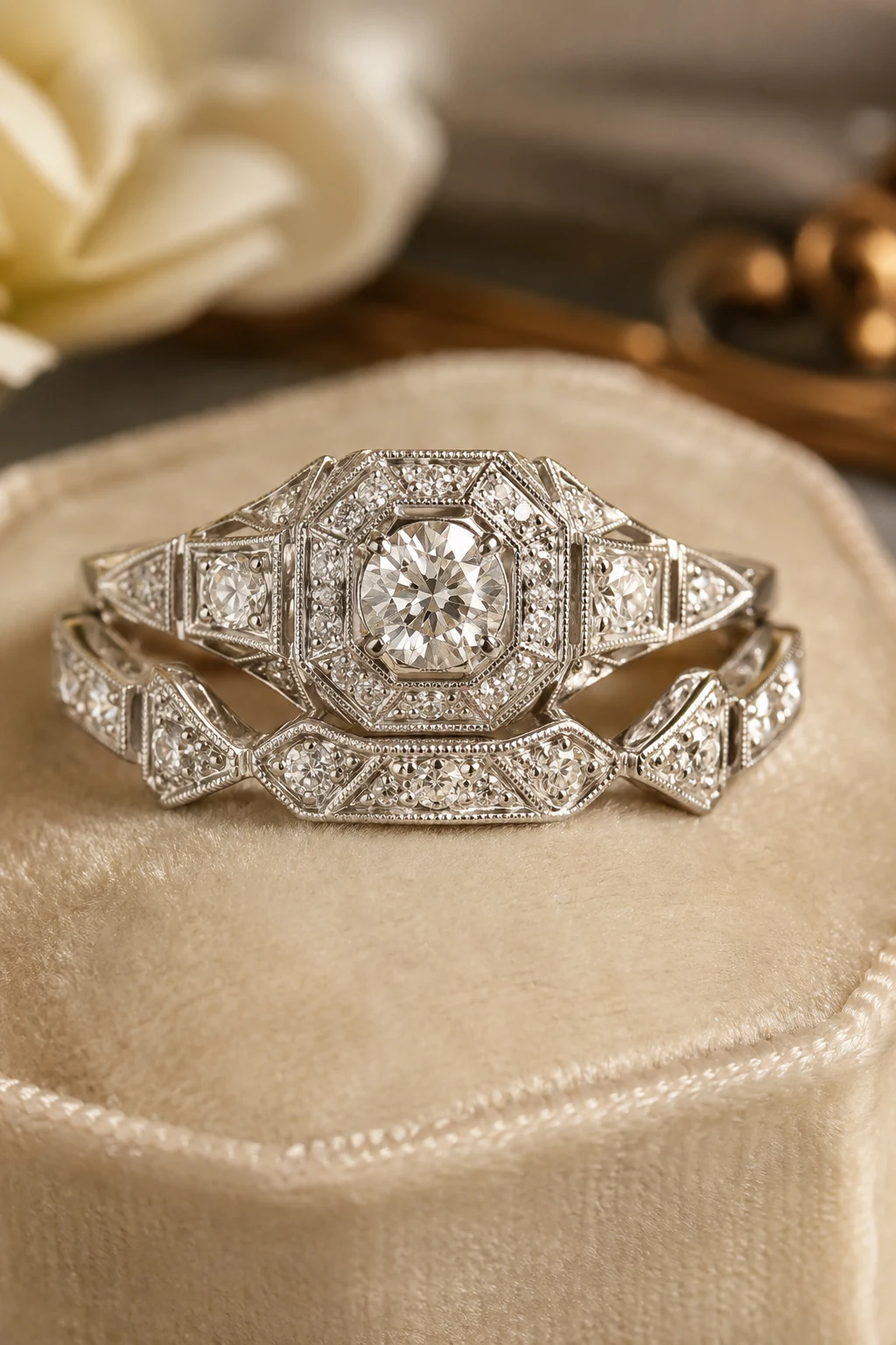 Vintage Wedding Rings 1920s with Geometric Halo Designs — vintage wedding rings 1920s style outfit