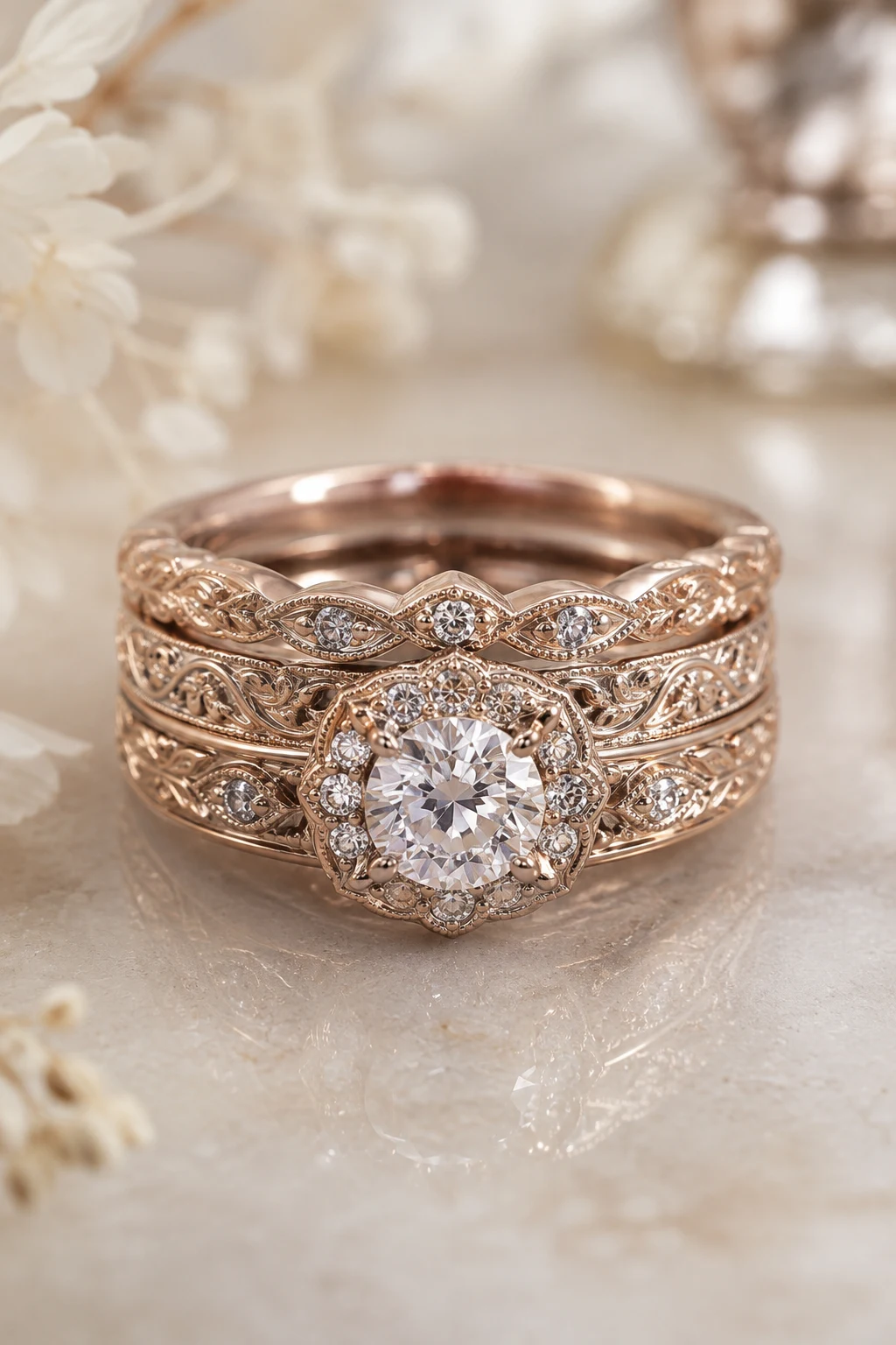 Stackable Antique-Inspired Wedding Ring Set — vintage wedding rings 1920s style outfit