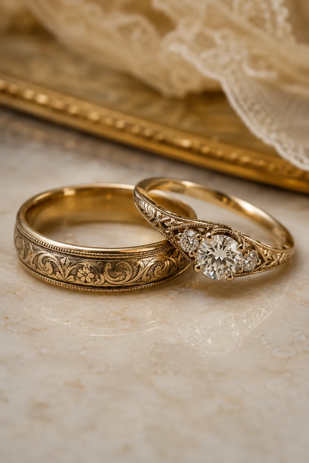 Vintage Wedding Rings Couple with Heirloom Charm — wedding rings couple style outfit