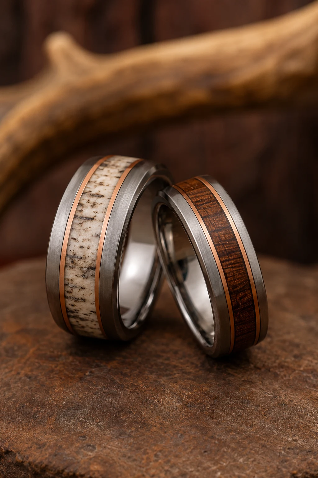 Western Wedding Rings Featuring Antler or Whiskey Barrel Inlays — western wedding rings style outfit
