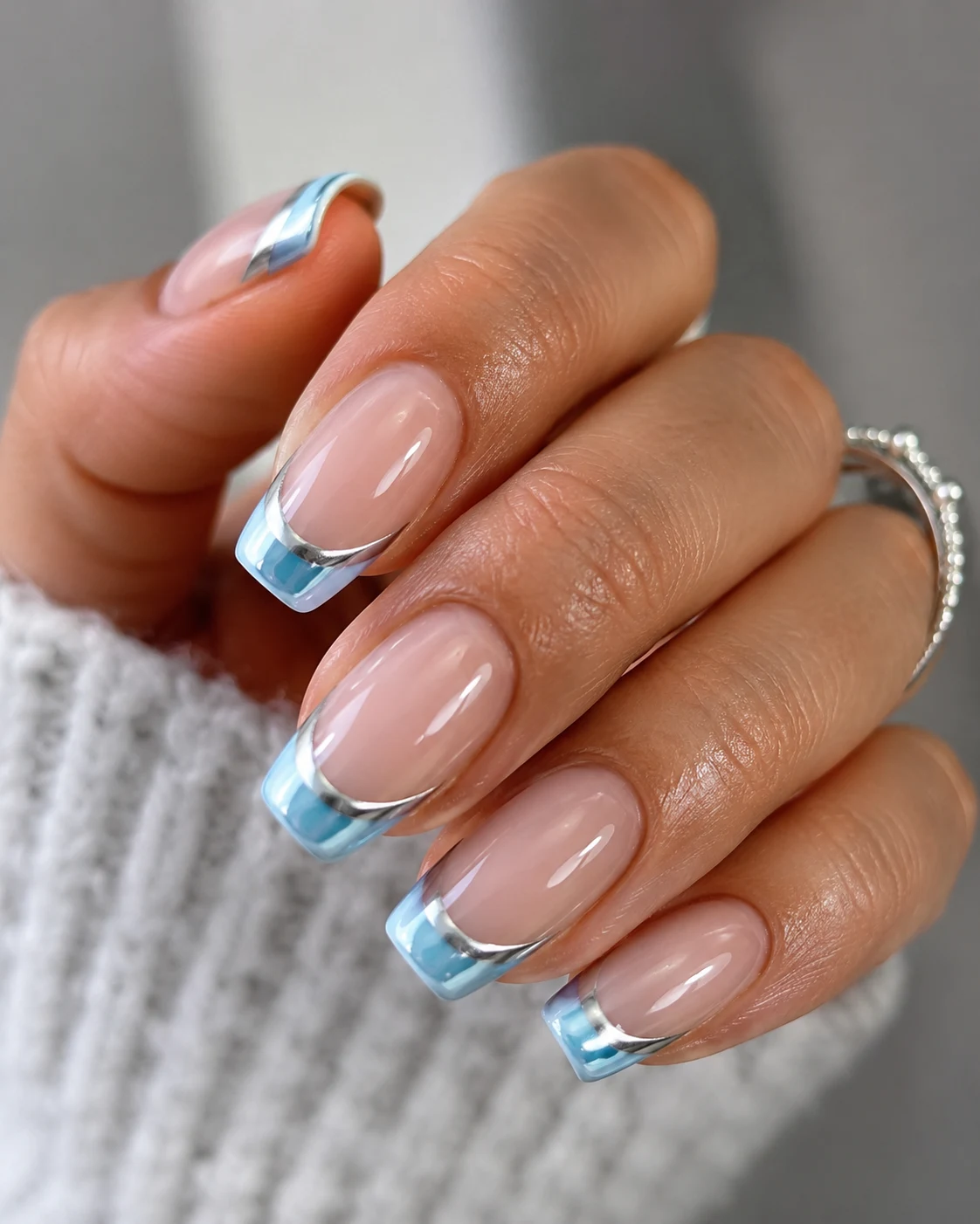 Baby Blue Chrome French Tips With Silver — Baby Blue Chrome French Tip Nails style outfit