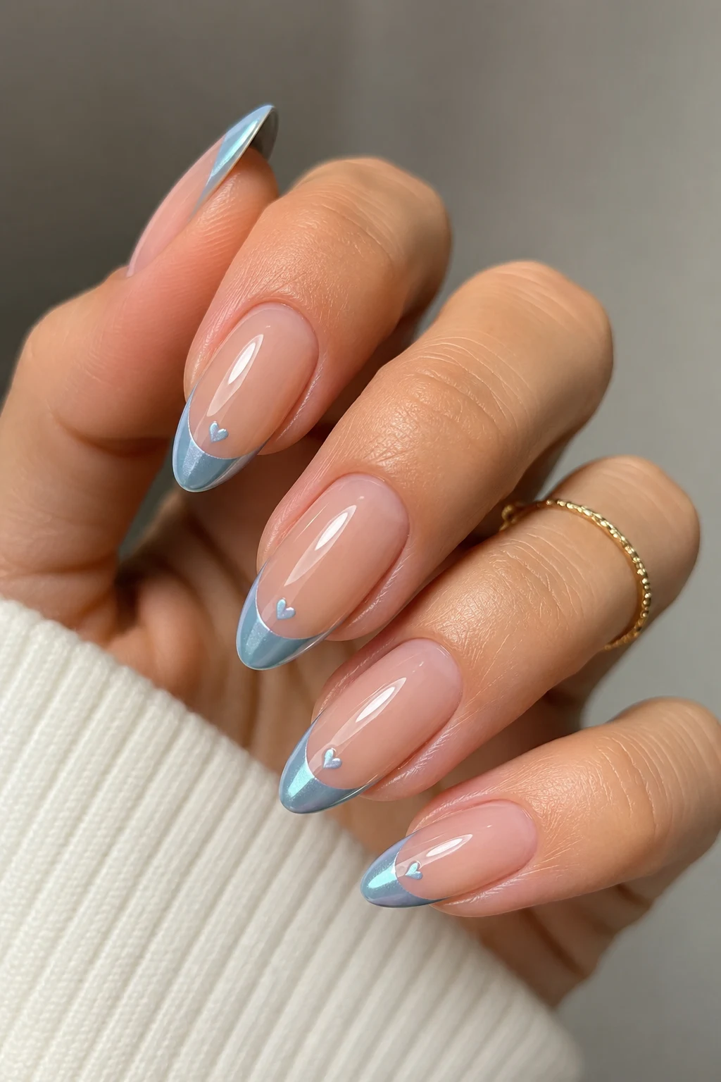 Baby Blue Chrome French Tips With Tiny Hearts — Baby Blue Chrome French Tip Nails style outfit